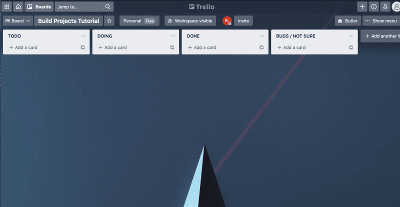 Trello kanban board with 4 columns todo, doing, done and bugs.